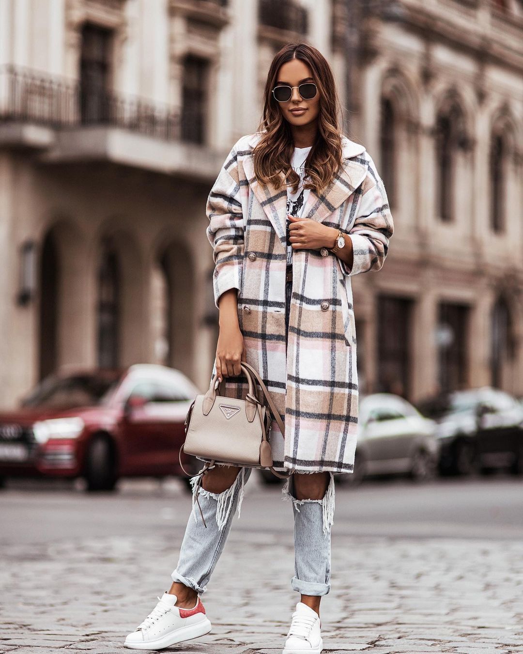 Single-breasted Plaid Woolen Coat Casual Long