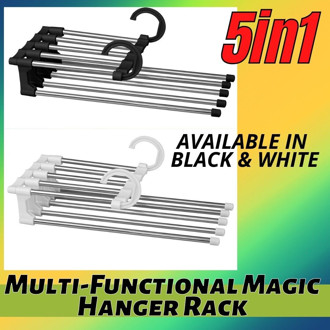 Magic Metal Hanger Closet Space Saver Organizer shipping inside the US USPS First Class Package handling 2 Day Handling 2-5 Day Shipping 5 in1 Multi-functional Pants Rack Shelves Stainless Steel Wardrobe Magic Hanger by KT Deals RANDOM COLOR WHITE/BLACK S