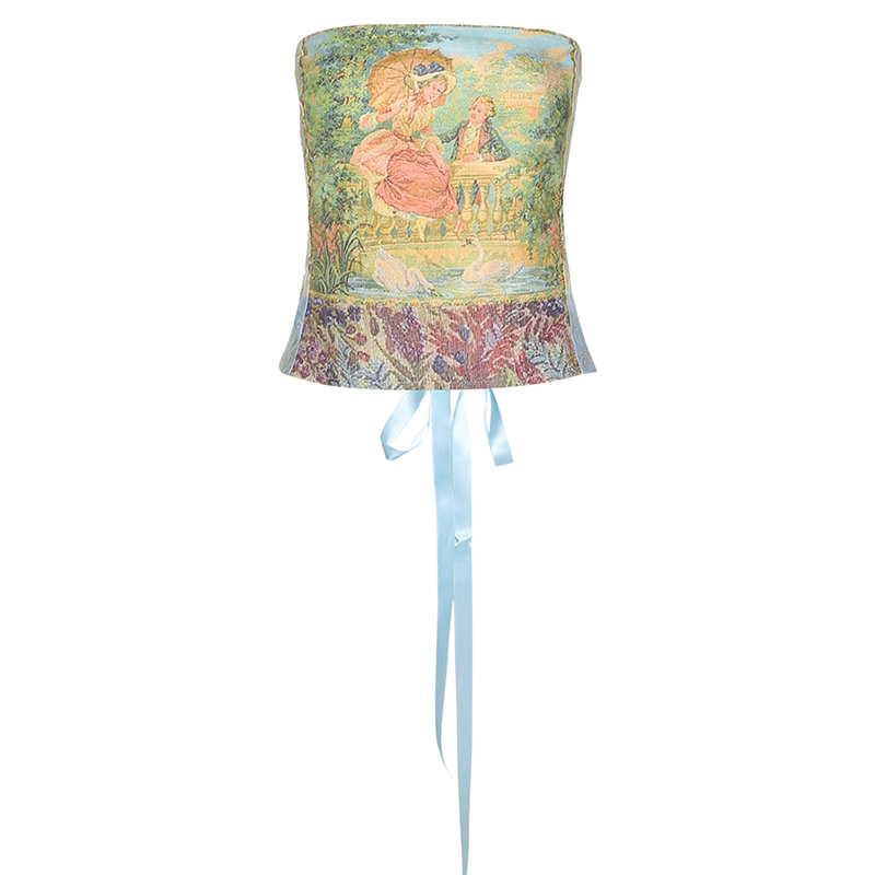 Italian Retro Oil Painting Style Short Tube Top Women