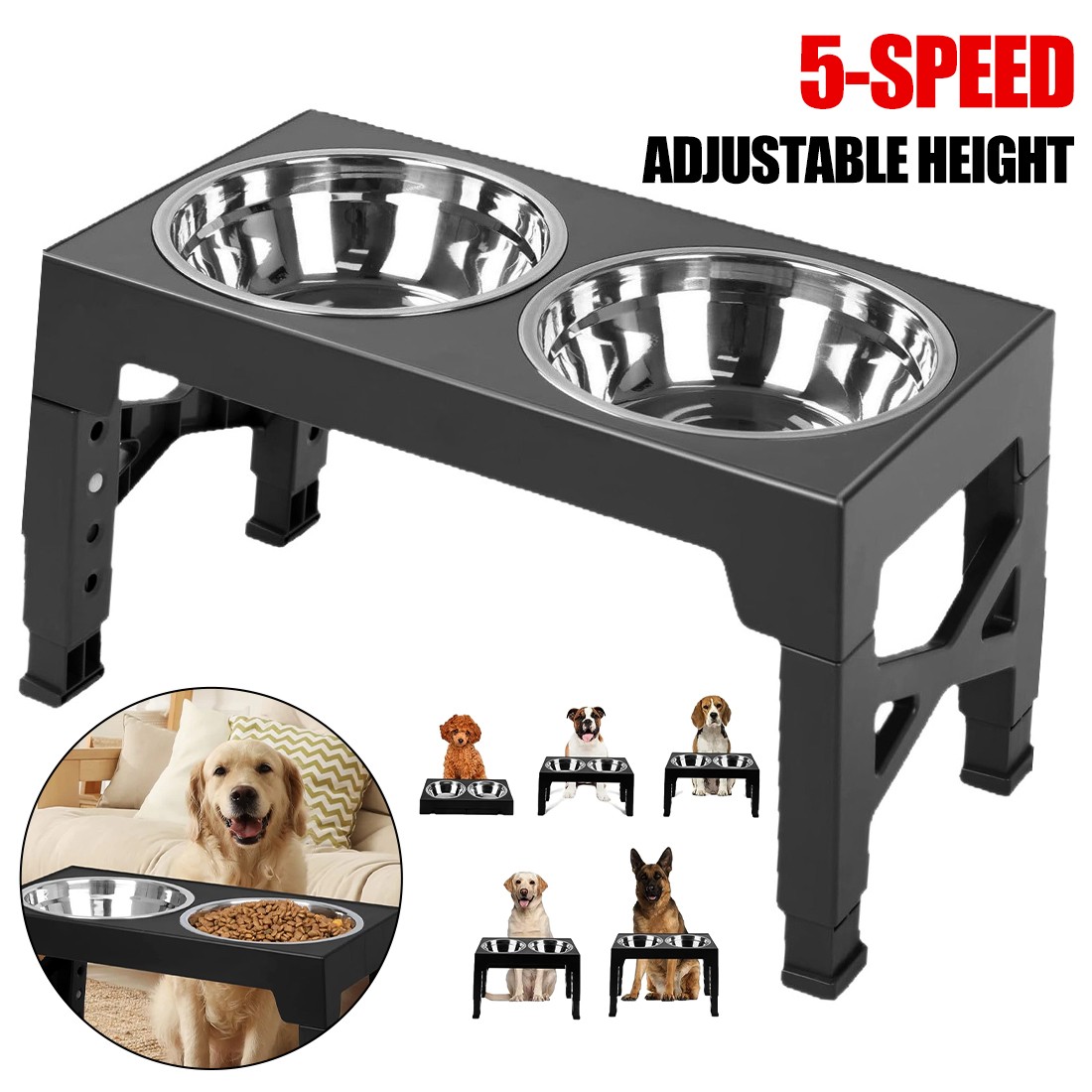 Large Dog Food Feeding Stand Station Stainless Steel Double Raised Bowls Feeding