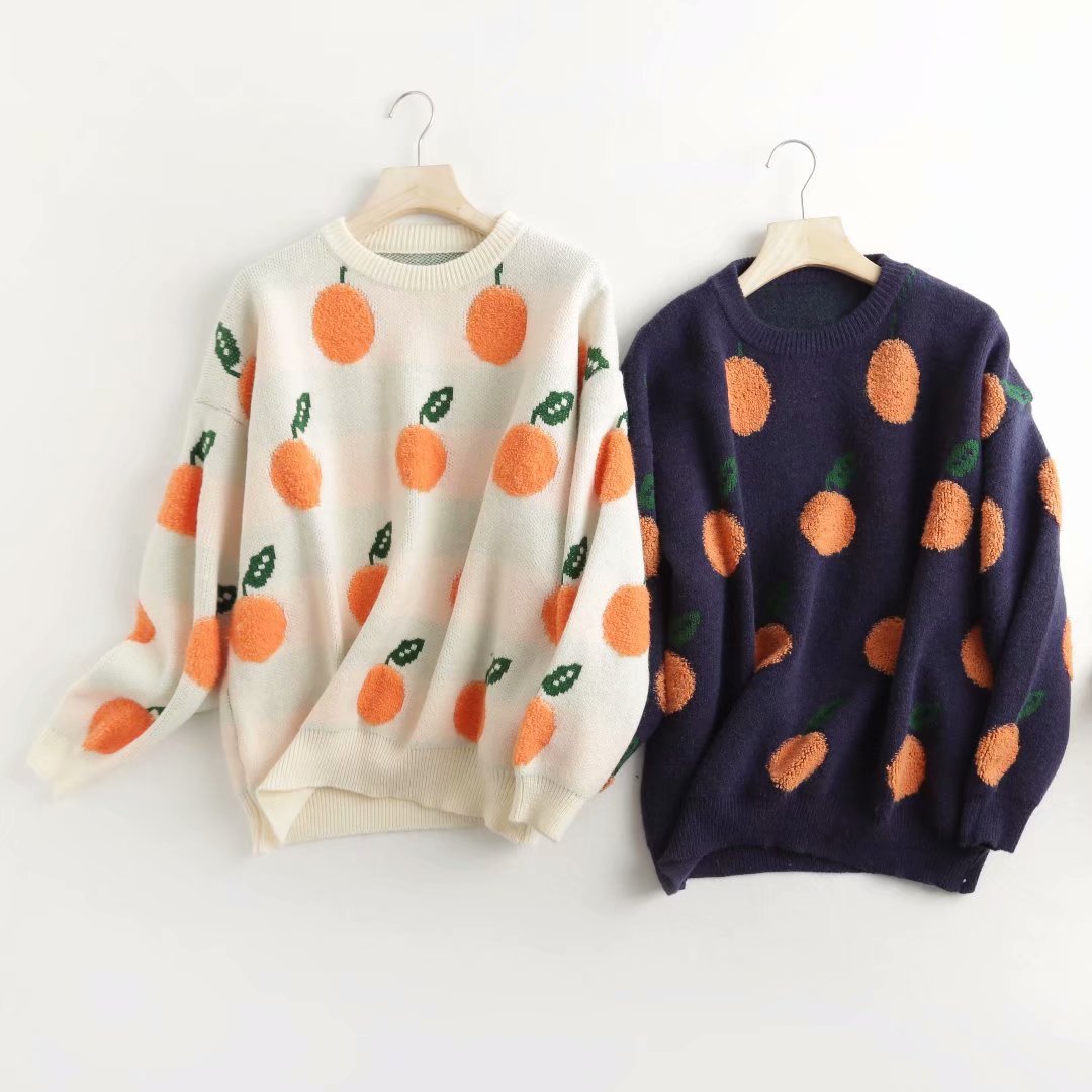 Women's Round Neck Sweater Fruit Jacquard Loose Pullover Sweater
