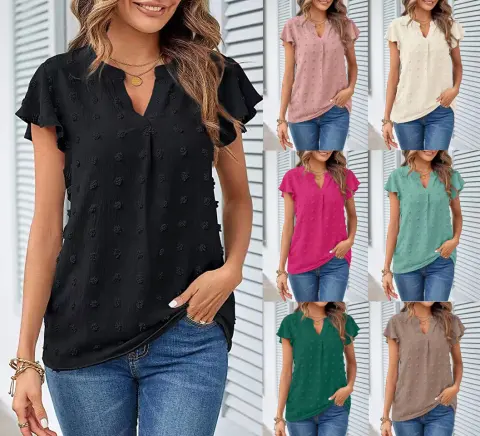 Women Summer V Neck Ruffle Short Sleeve Blouse Dot