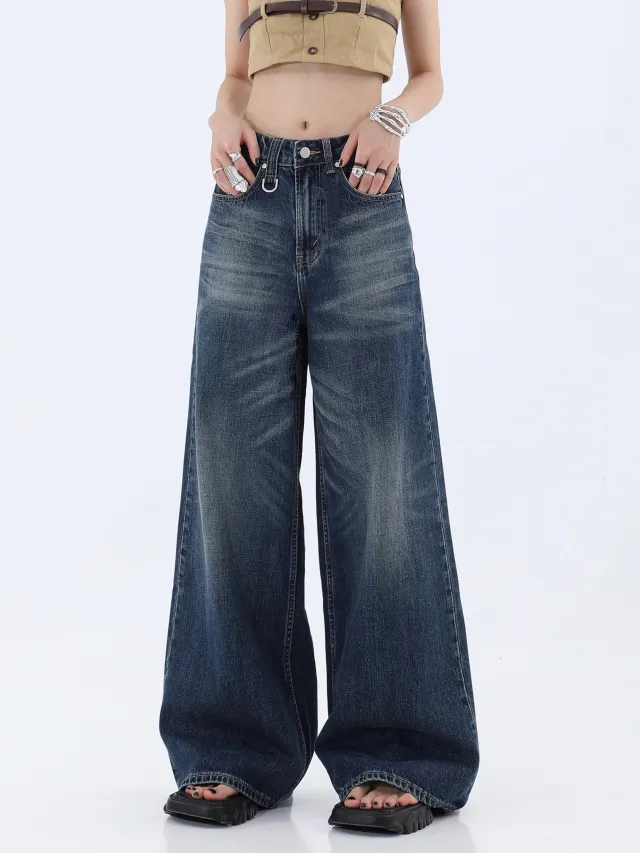 Loose Washed Old Wide Leg Women's Jeans Blue - Shop at LoveMi