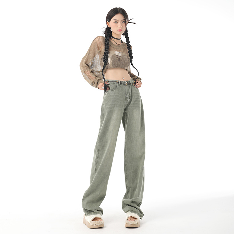 Title 1, New Niche Washed Retro Green Wide Leg Jeans for...