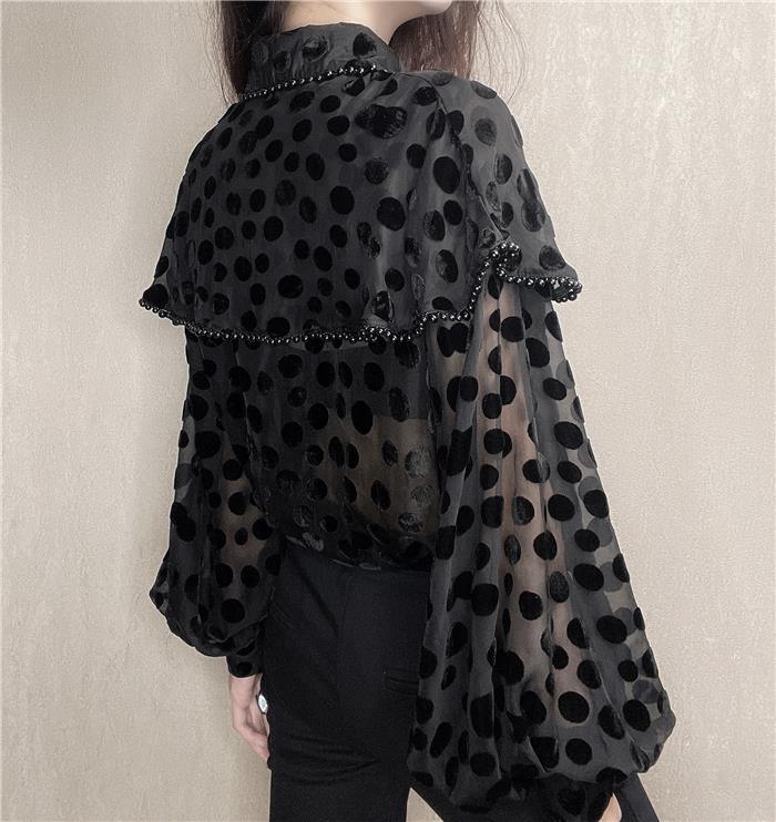 Title 6, Hollow Sexy Polka Dot Velvet Shirt Women Pearl ...