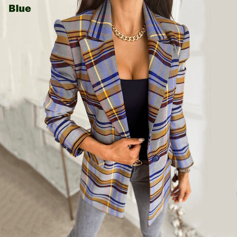 New European And American Women's Long-sleeved Plaid Print Jacket Small Suit