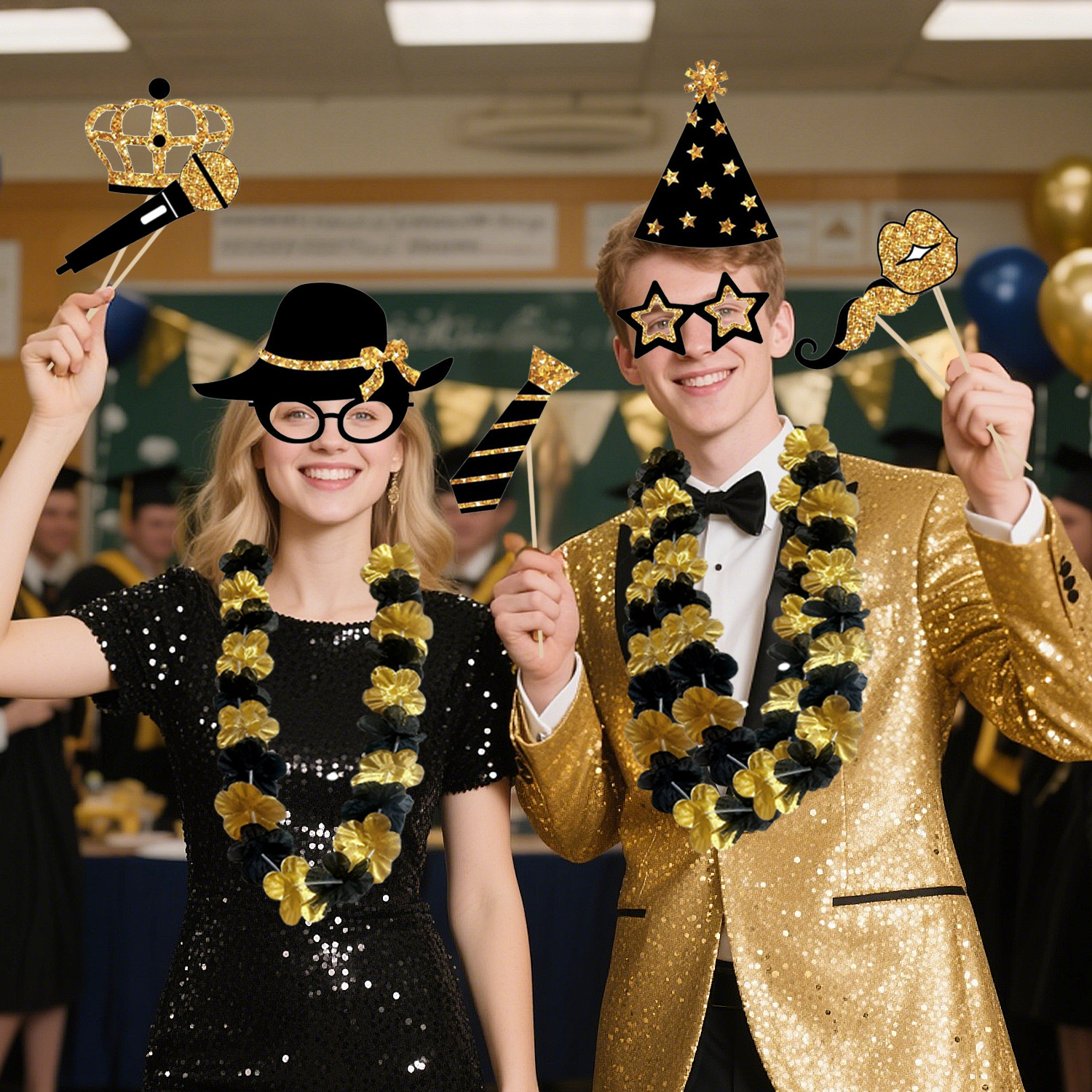24-piece Birthday Party Photo Prop Set, Including Mustaches, Glasses, Hats, Wigs, And Crowns - Gold And Black Theme, Suitable For 40th, 50th, 60th Weddings, Graduations, Birthday Decorations, Selfie A 7