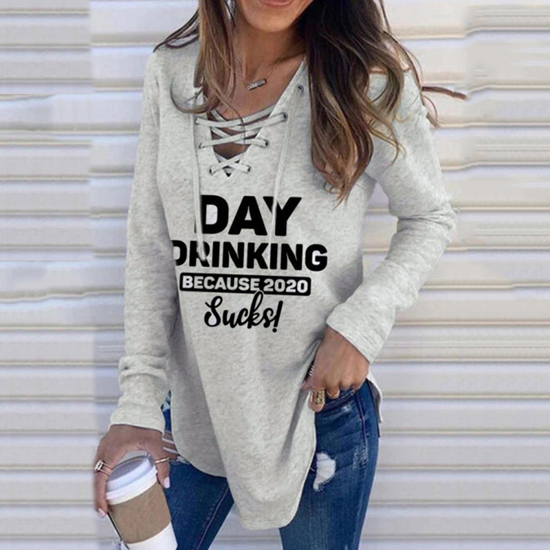Letter Print Long Sleeved Tie Band Loose Sweatshirt Light Gray - Shop at LoveMi