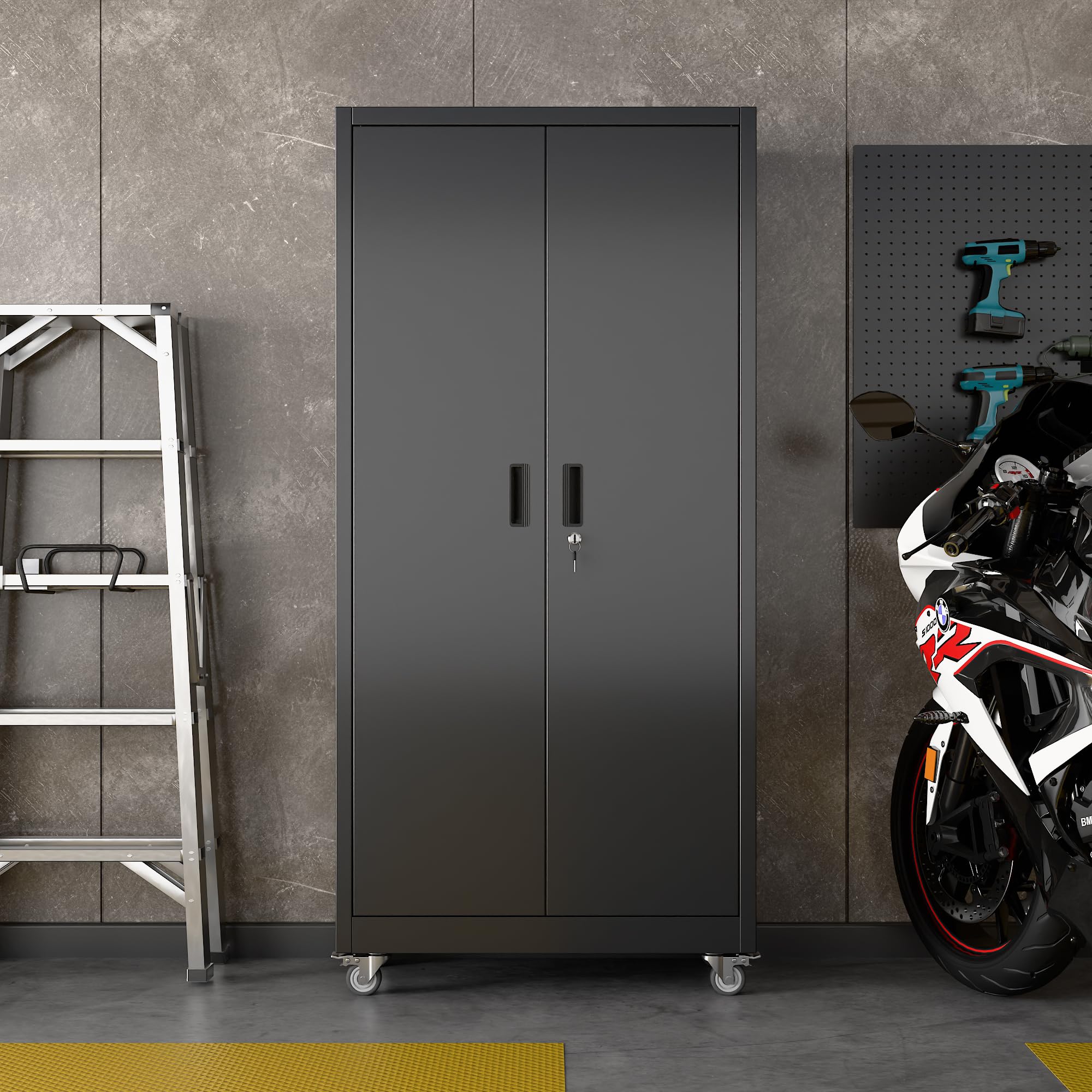 Aobabo Black Metal Garage Storage Cabinet With Wheels, 34inchW X 18inchD X 71inchH 5 Adjustable Shelves Hold Up To 170 Lb Each 4 Lockable Casters And Lockable Doors Organize Tools And Supplies. image 9
