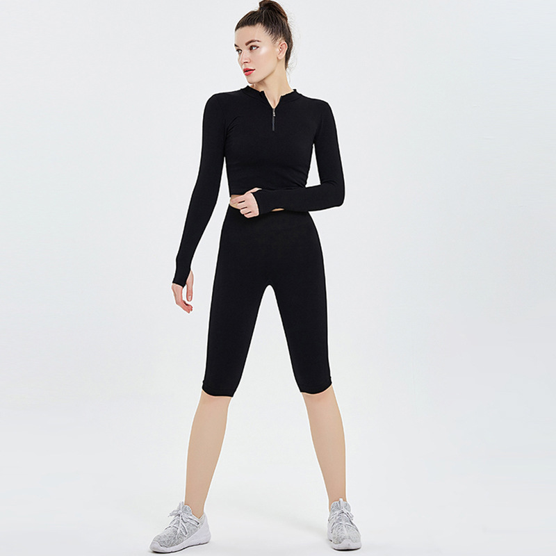 Women's Sports Gym Jersey Zipper Long Sleeve Split Short 2Piece Set