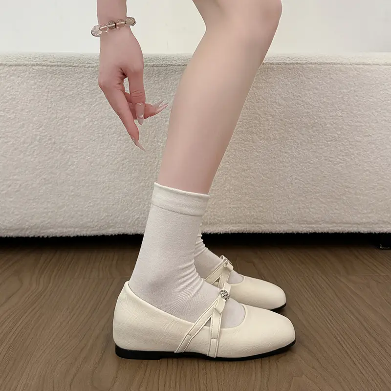Women French Elegant Metal Camellia Flower Buckle Single Strap Mary Jane Flats, Square Toe Wrinkled Soft Matte Leather Slip On Gentle Casual Daily Doll Ballerin
