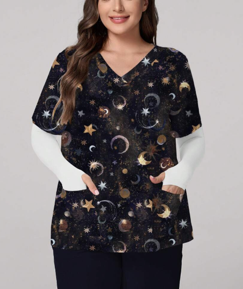 Plus Size Women's Vibrant Print Scrub Top Casual V-Neck Short Sleeve