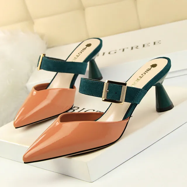 Summer And Autumn Mid heel Pointed Sandals And Slippers Camel - Shop at LoveMi