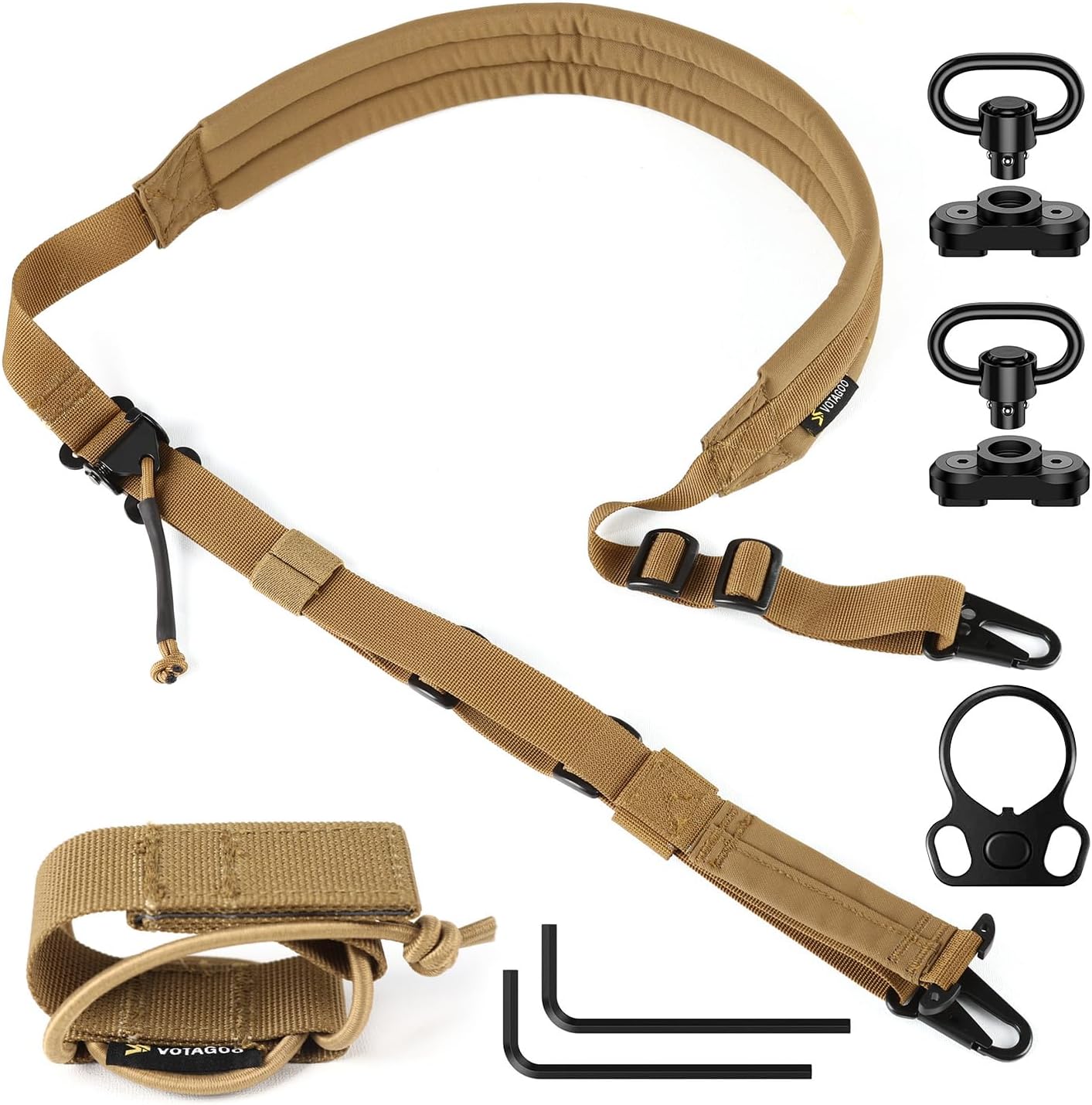 Quick Adjust 2 Point Gun Sling. Multi-Option Install & Sling Management: This rifle sling comes with 2 QD swivels and 2 HK HOOK and a sling management retention device and a sling ring. The sling swivels allow for easy installation to the barrel and butts