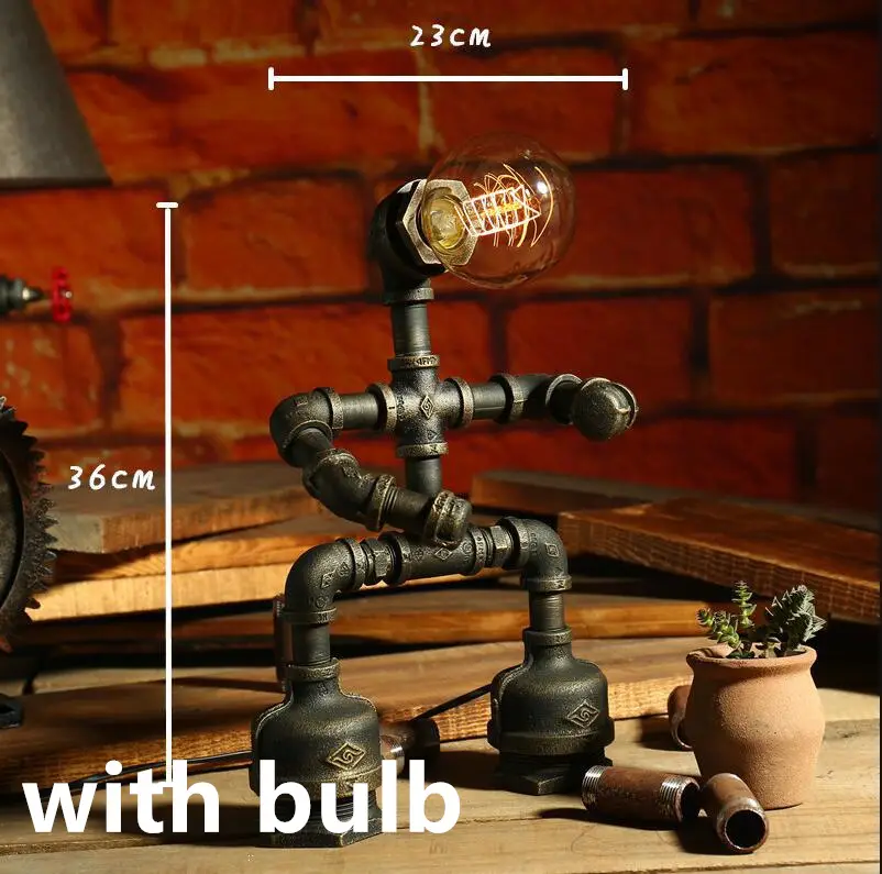 Robot Table Lamp Vintage Loft Iron Pipe Desk Lamp Industrial Led Table Lamps For Bedside Cafe Indoor Retro Decor Light Fixtures