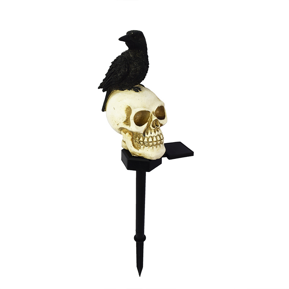 Lampe solaire jardin corbeau et crâne en résine Halloween 1