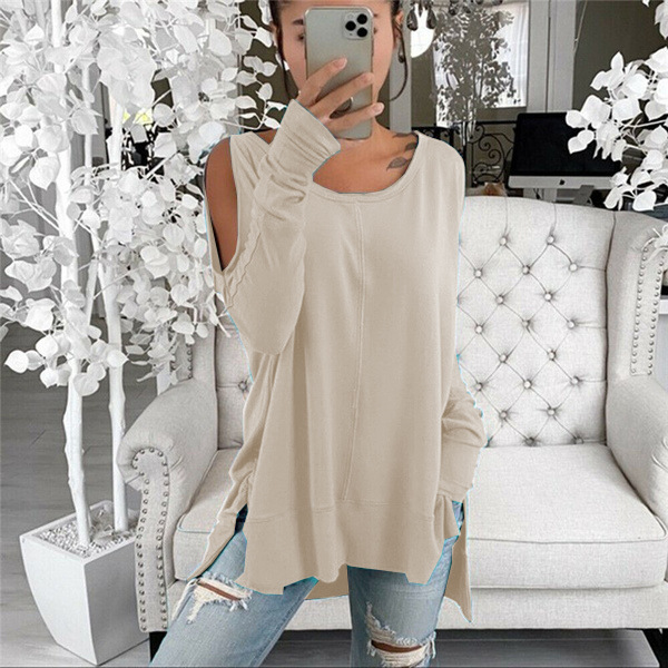 Off Shoulder Pullover Loose Long Sleeve Solid Color Versatile Top