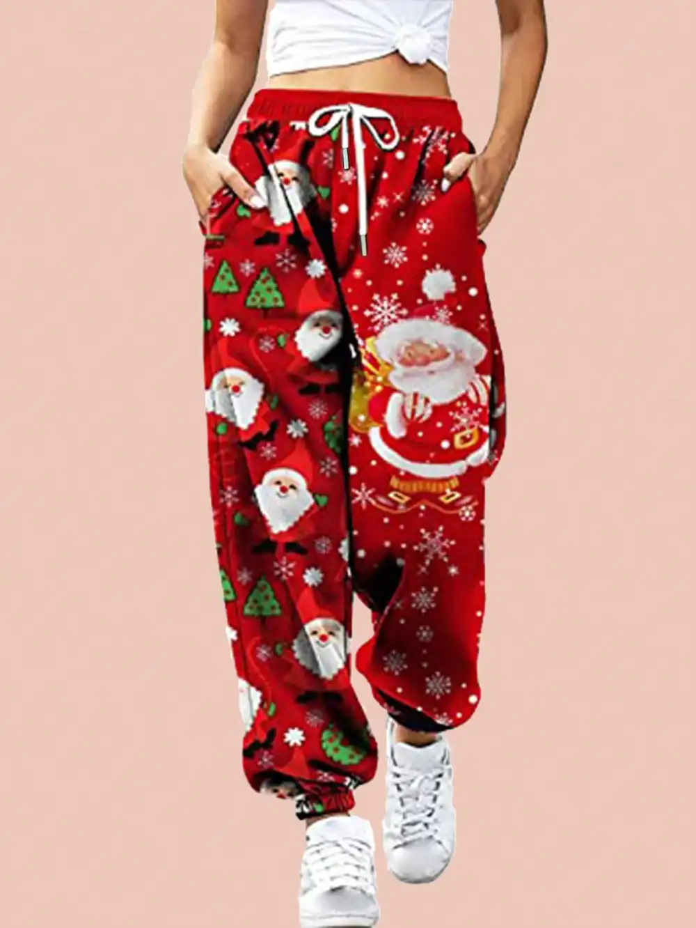 Women Christmas Jogger Pants Santa Claus Snowflake Tree Print