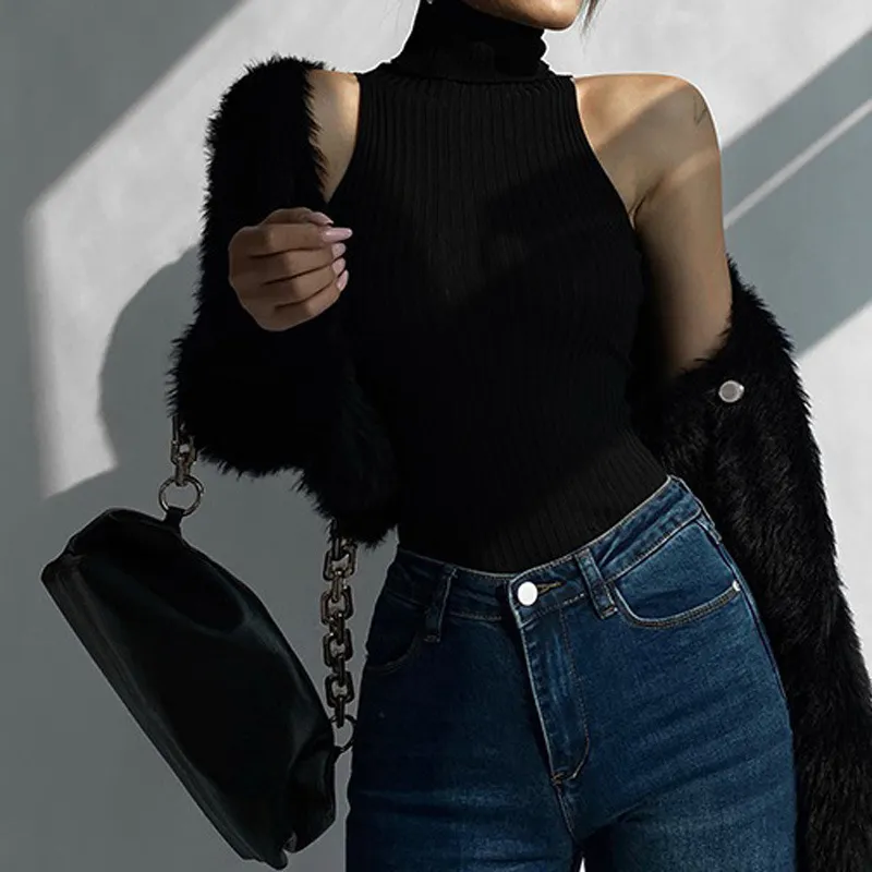 Red High Collar Knitwear Bottoming Sexy Inner Wear Tight Top - Black