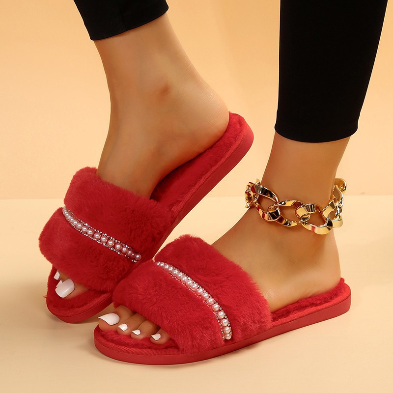 Fashion Solid Color Plush Slippers With Pearl Flat House Slippers Outdoor Indoor Shoes Red - Shop at LoveMi