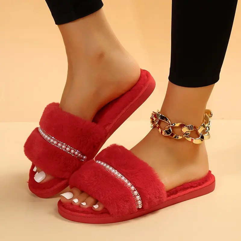 Fashion Solid Color Plush Slippers with Pearl Flat House