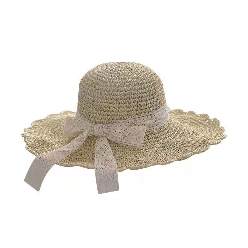 Women's Lace Straw Hat With Bow Hollow Sunscreen