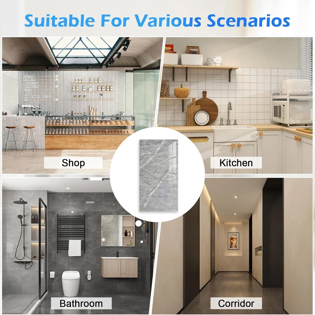 12Pcs PVC Marble Tiles Wall Sticker Self-Adhesive Stick Kitchen Bathroom Decor