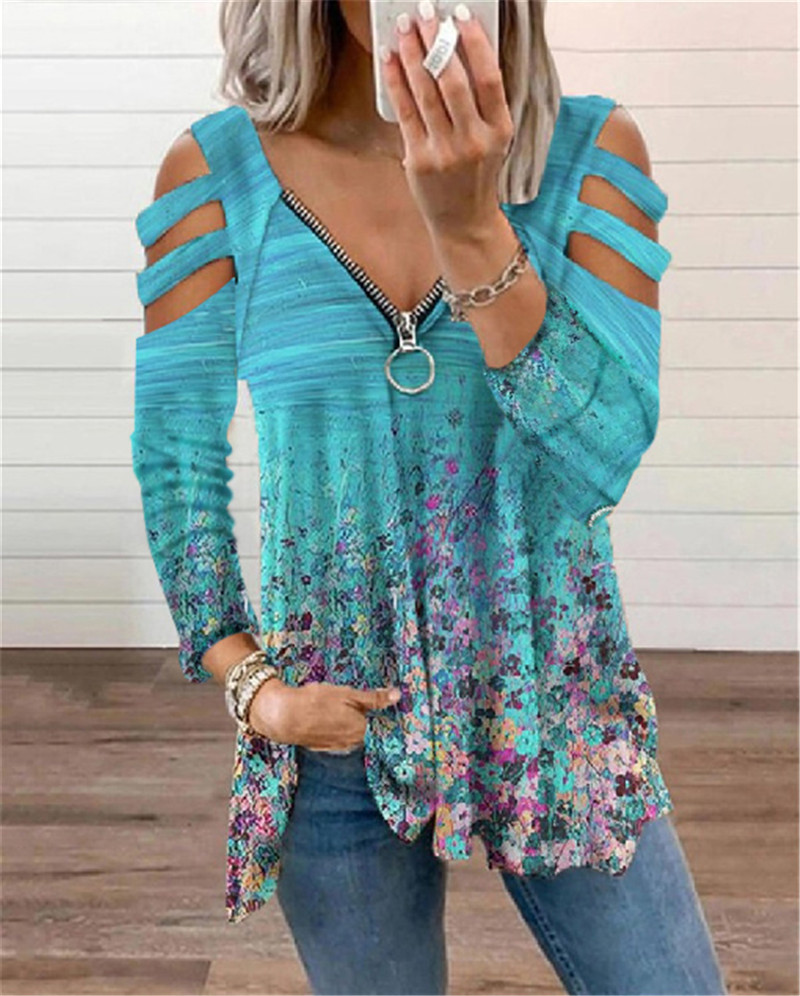 Title 5, V-neck Small Floral Zipper Long-sleeved Loose T...