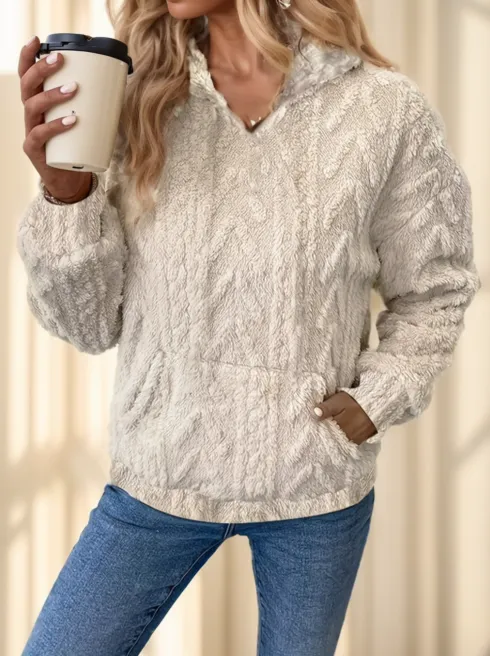Olid Teddy Bear Textured Hoodie Casual Long Sleeve Kangaroo Pocket Hoodie Sweatshirt Apricot - Shop at LoveMi