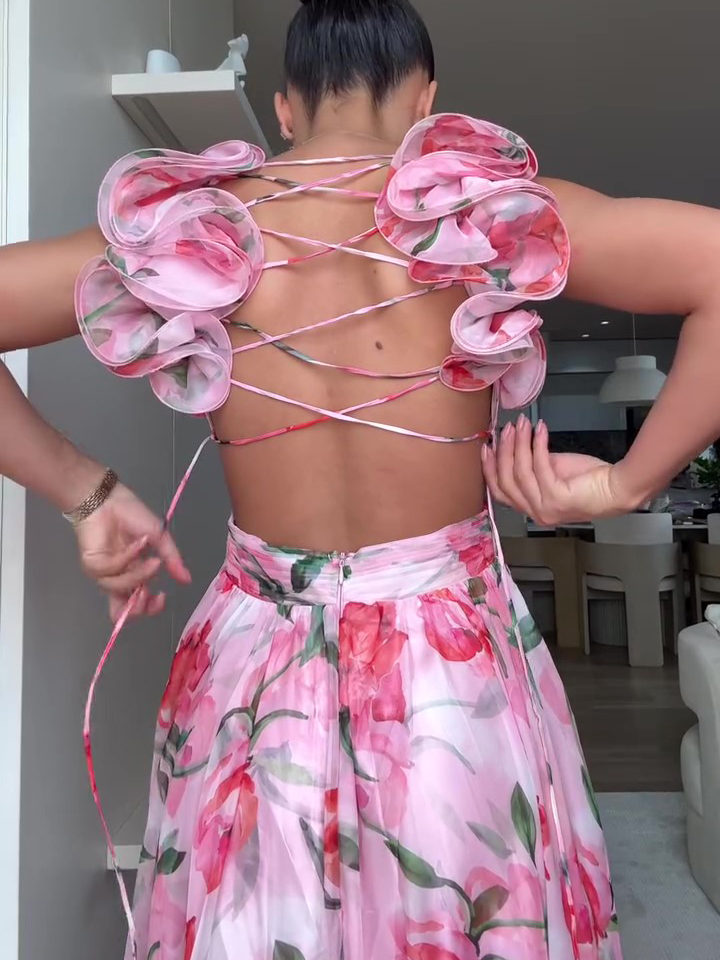 Floral Print Open Back Strap Maxi Dress