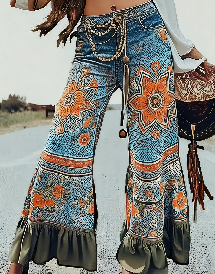 Pantalon évasé Ursime imprimé bohème à ourlet volanté – Color1, XL