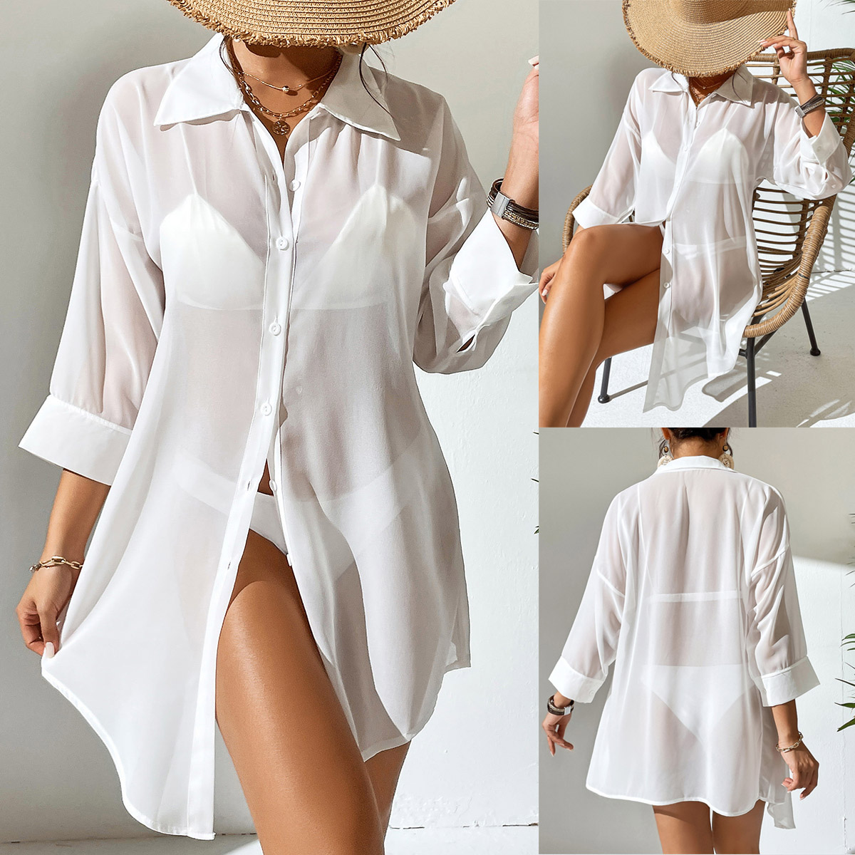 Women Chiffon POLO Casual Sun Protection Beach Cover Up Shirt, Thin Mesh Blouse, In Stock, Hot Selling For European & American Market