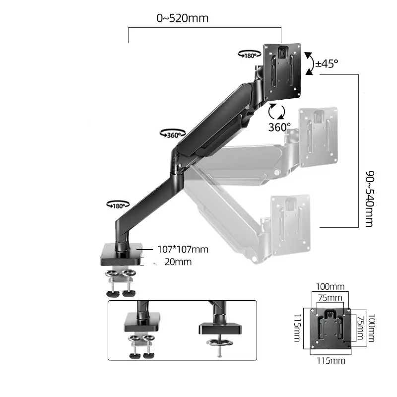 Display Lifting Rotary Pneumatic Robot Arm Computer Desktop Base