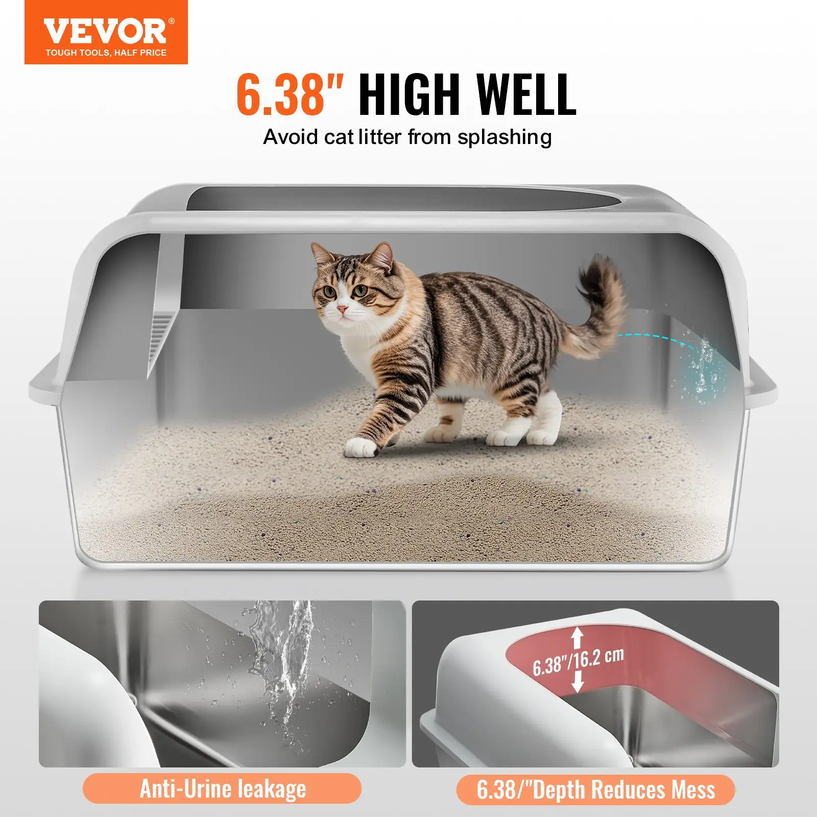 VEVOR 6 In Deep Cat Litter Box Odor-Free With Filtering Foot Board