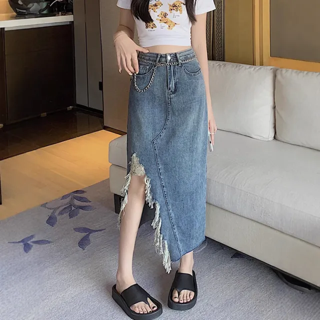 Design Irregular Slit Denim Skirt For Women Summer Retro Slim Mid length Hip wrapped A line Skirt Blue - Shop at LoveMi