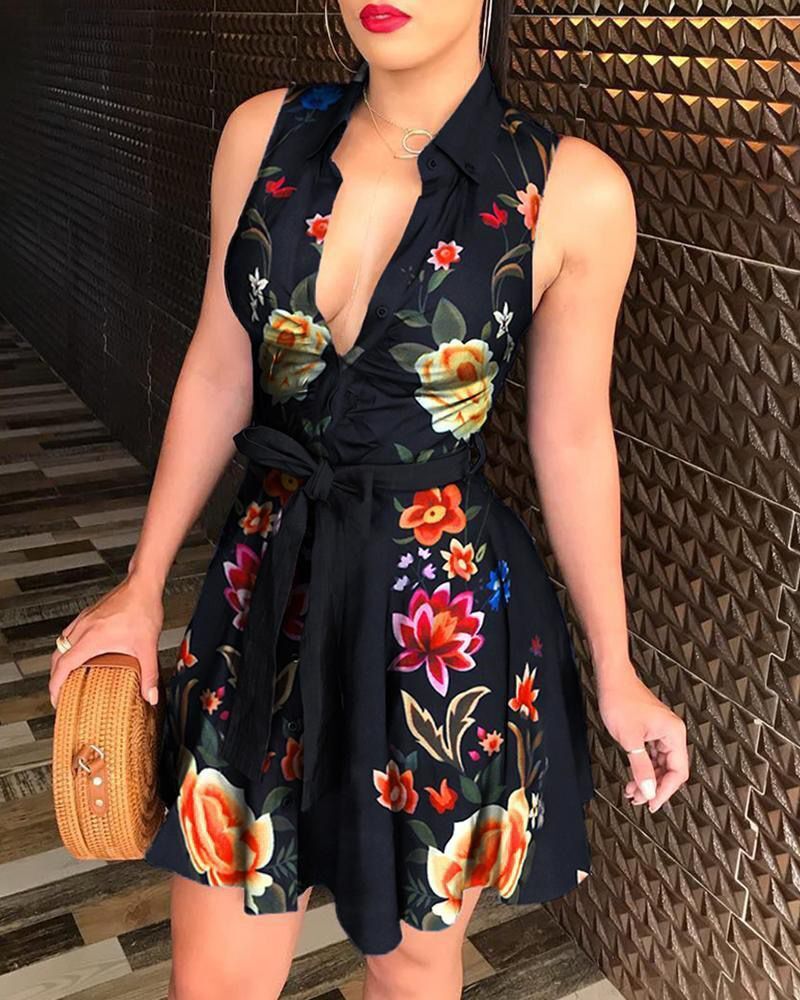 Wish Hot Style Hot Sale Sleeveless V-neck Tie Fashion Sexy Printed Dress Women