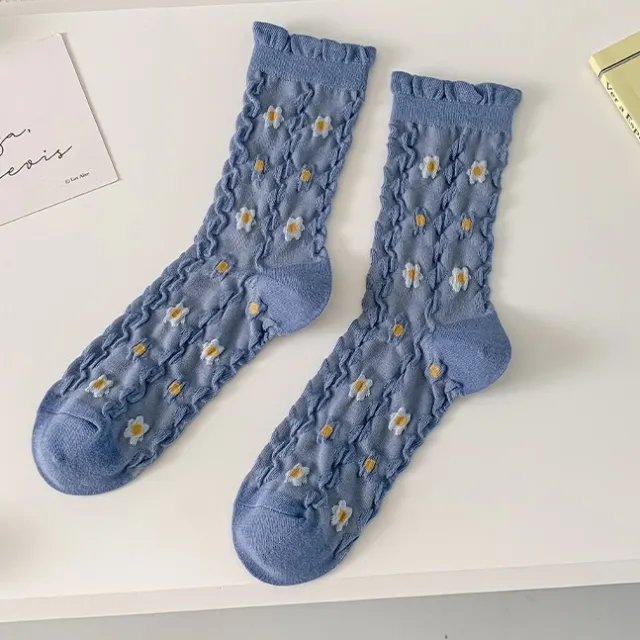 Autumn And Winter Models Of Cute Girls Bubble Mouth Cotton Thigh high Socks Blue Flowers - Shop at LoveMi