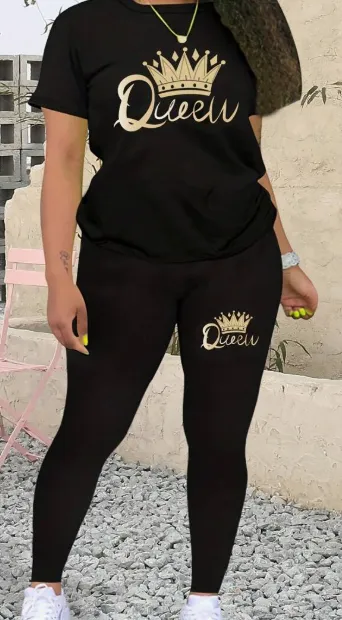 Fashionable Crown & Letter Print Short Sleeve Top And Leggings Set, Two Piece Outfit - Black