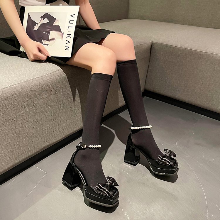 Women's New High Chunky Heel Pearl Bow Mary Jane Shoes