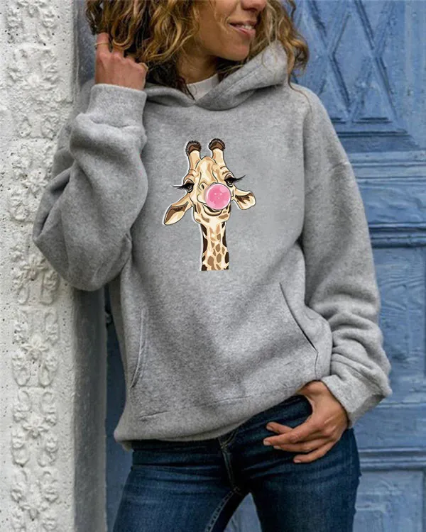 Women's Solid Color Printed Round Neck Sweater Grey - Shop at LoveMi