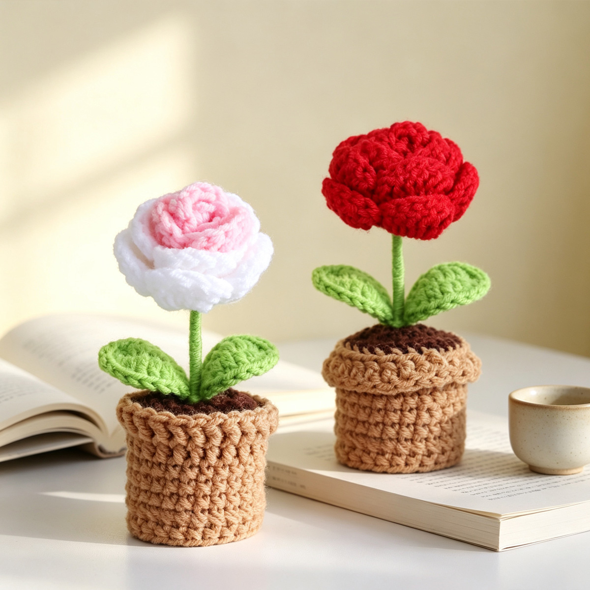 Ornament miniatural realizat manual la croșetat, în formă de trandafir în ghiveci, cu frunze verzi, cadou de ziua de naștere, decor pentru birou acasă