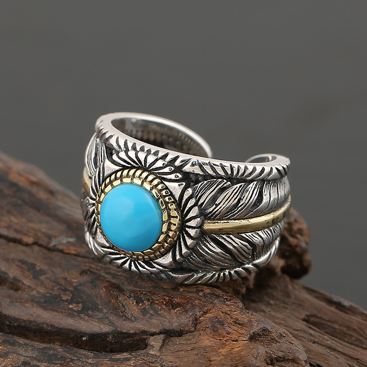 Personality Fashion Turquoise Feather Ring Men Exaggerated