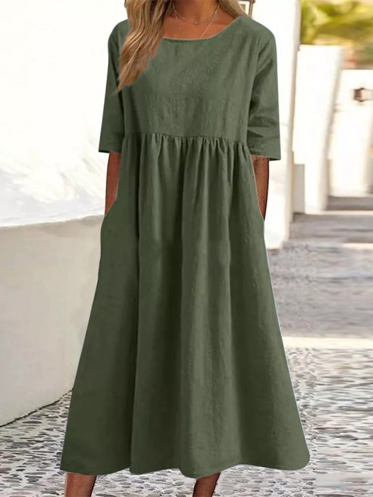 Plus size loose cotton linen midi dress final product image, all color options