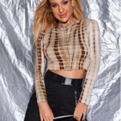 European And American Station Tie-dye Long-sleeved T-shirt Cropped Top - Coffee - View 1