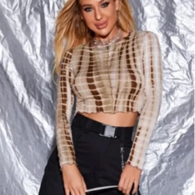 European And American Station Tie dye Long sleeved T shirt Cropped Top Coffee - Shop at LoveMi