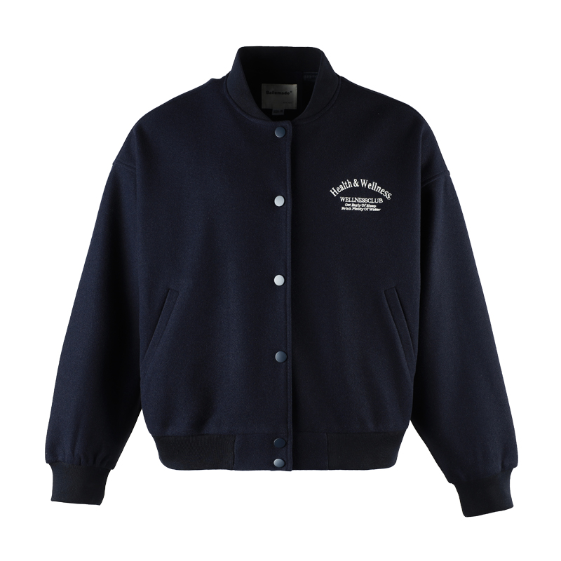 Vintage Themed Embroidered Cropped Jacket Oversized Navy Blue - Shop at LoveMi