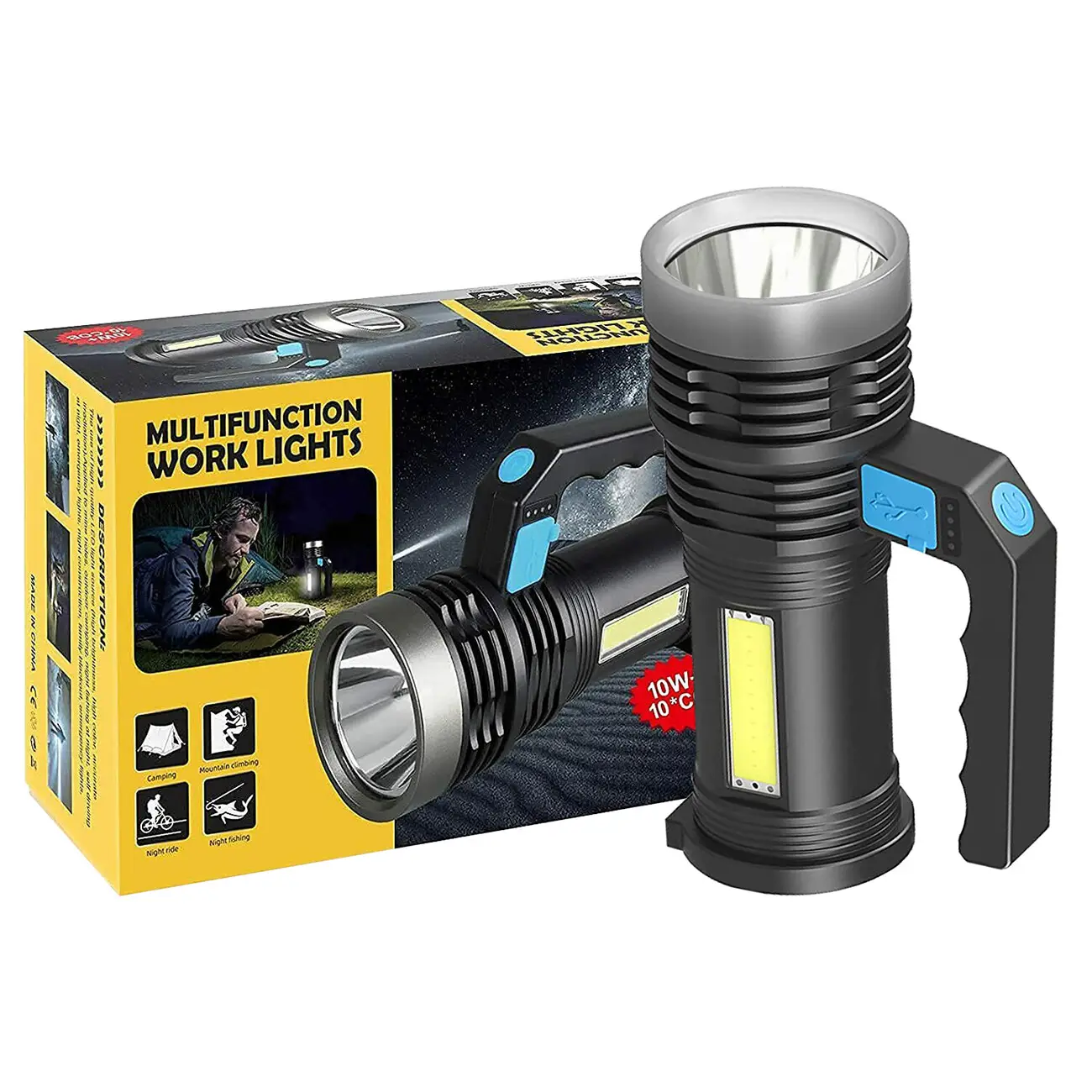 LED Flashlight USB Rechargeable Torch COB Work