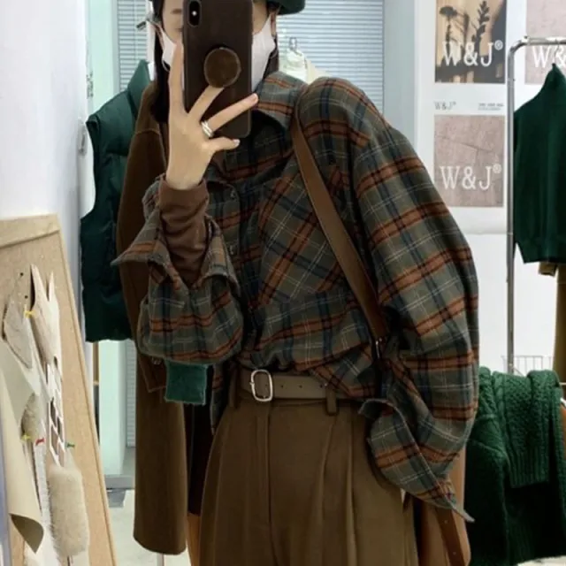 Vintage Women's Plaid Shirt Oversized Blouse Korean Fashion Long Sleeve Top Dark Green - Shop at LoveMi