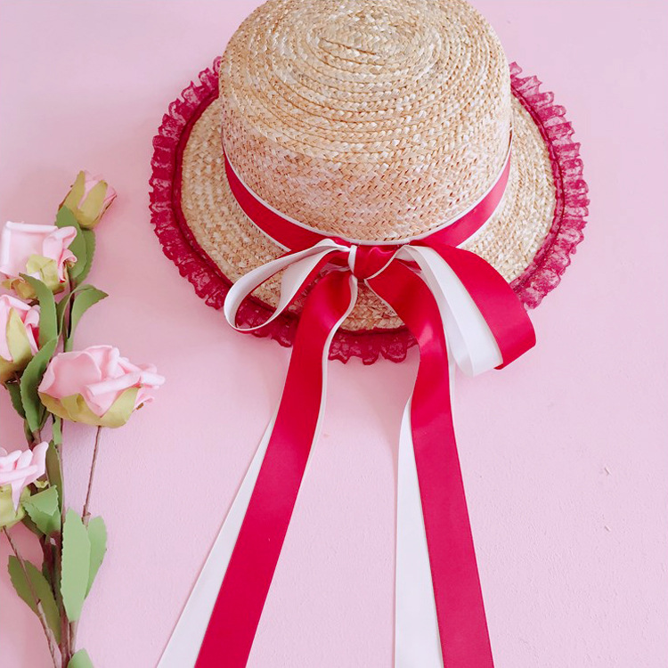 Lolita Lace Straw Hat With Long Ribbon Sweet Bow Lolita Strawberry Straw Hat Red - Shop at LoveMi