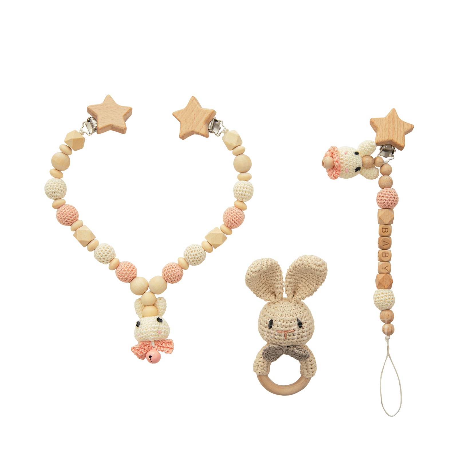 Baby Teether Set: Wooden Rattle, Crochet Toy & Pacifier Chain - MAMTASTIC